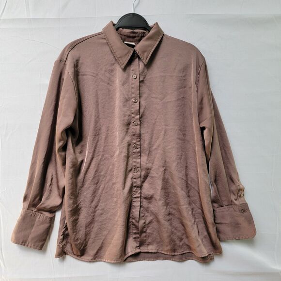 Taupe Brown Textured Shirt Button Up Long Sleeve Button Cuff Button Closure Sz M - Picture 2 of 8